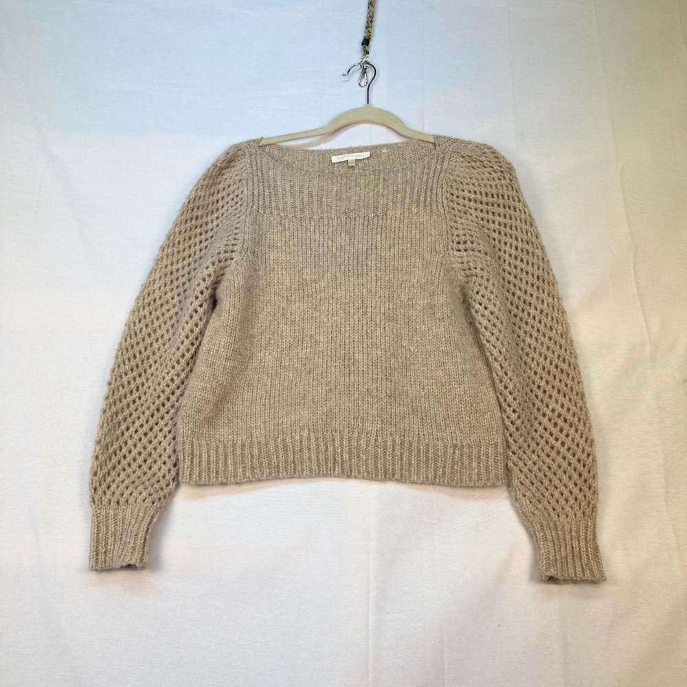 LoveShackFancy Baby Alpaca Merino Wool Crochet Sleeve Sweater Beige XS